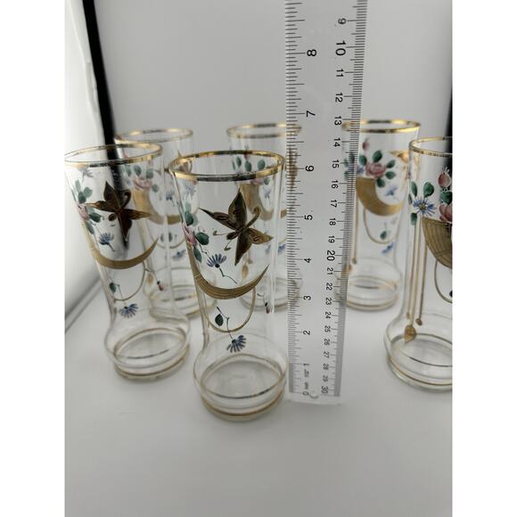 Antique Bohemian Set of 6 Enameled Tall Glasses Art Nouveau Butterflies 6" Tall - Picture 7 of 9